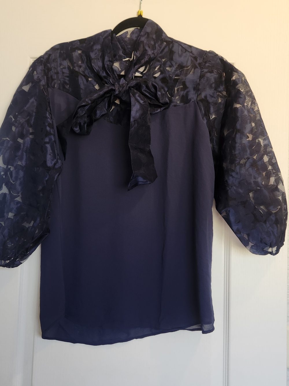 Cato Navy Tie-Neck Sheer Sleeve Blouse L BNWT